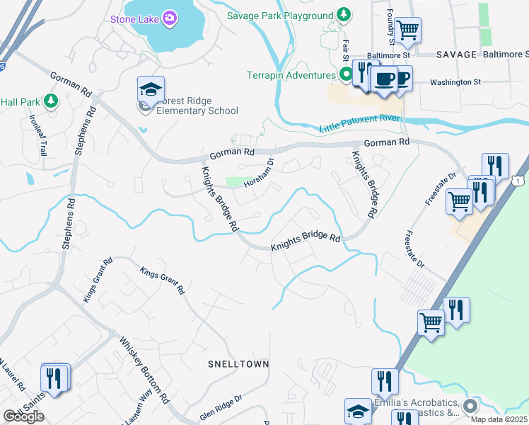 map of restaurants, bars, coffee shops, grocery stores, and more near 9435 Loch Leven Court in Laurel