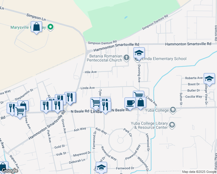 map of restaurants, bars, coffee shops, grocery stores, and more near 1801 Linda Avenue in Linda