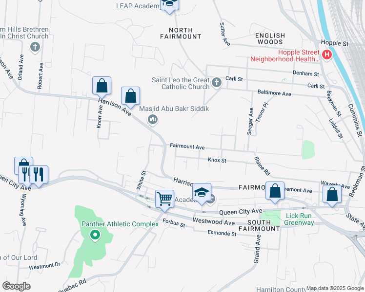 map of restaurants, bars, coffee shops, grocery stores, and more near 1934 Fairmount Avenue in Cincinnati