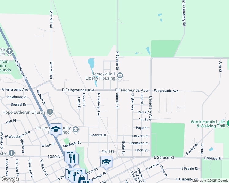 map of restaurants, bars, coffee shops, grocery stores, and more near 1119 Sumner Street in Jerseyville