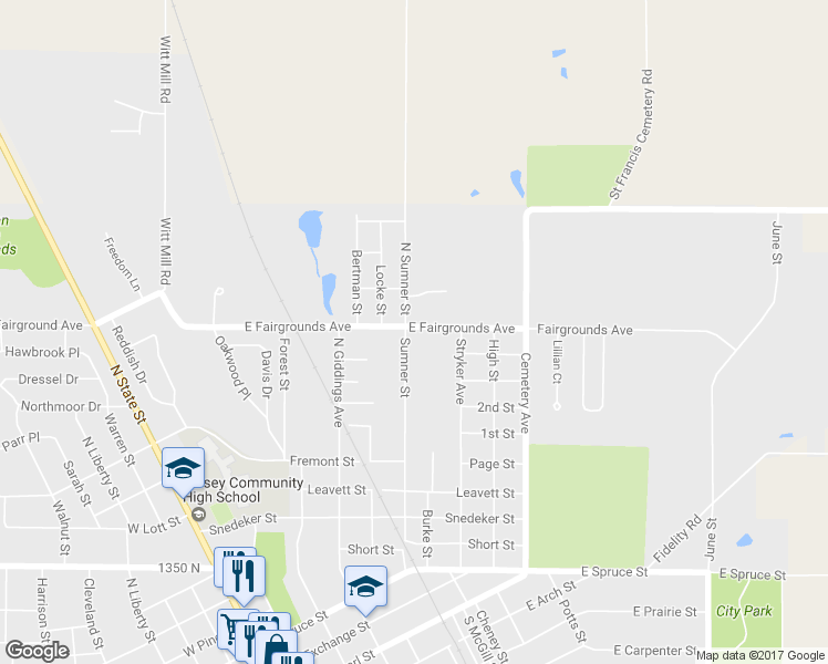 map of restaurants, bars, coffee shops, grocery stores, and more near 1119 Sumner Street in Jerseyville