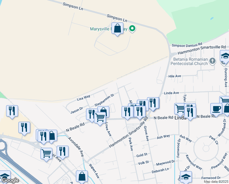 map of restaurants, bars, coffee shops, grocery stores, and more near 1515 Stephenson Street in Marysville