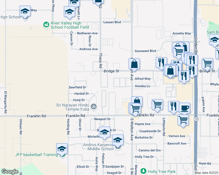map of restaurants, bars, coffee shops, grocery stores, and more near 501 Willowbrook Drive in Yuba City