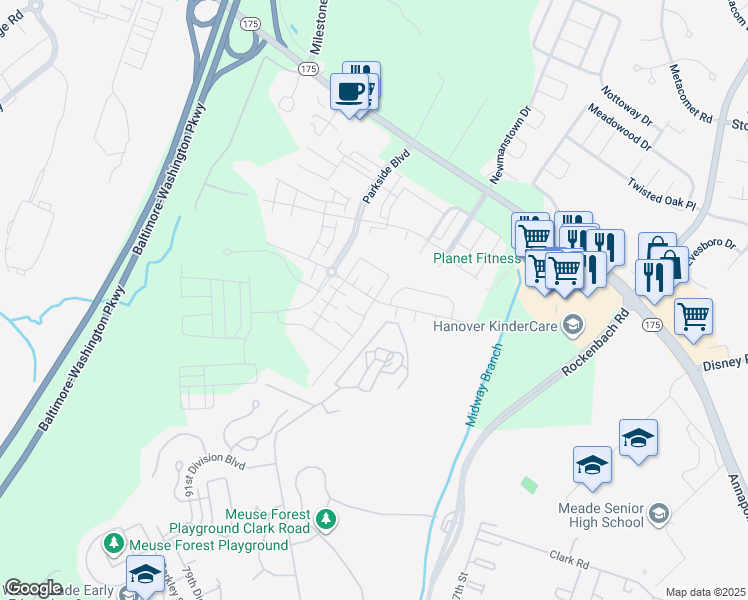 map of restaurants, bars, coffee shops, grocery stores, and more near 7972 Patterson Way in Hanover