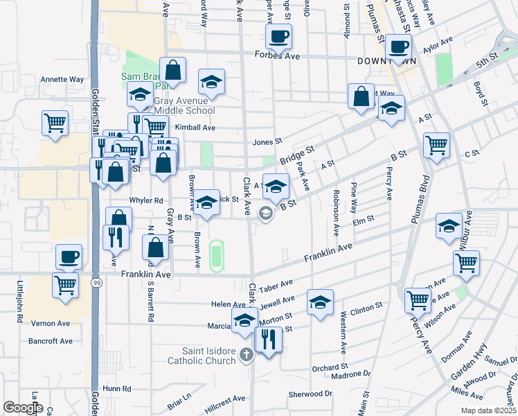 map of restaurants, bars, coffee shops, grocery stores, and more near 901 B St in Yuba City