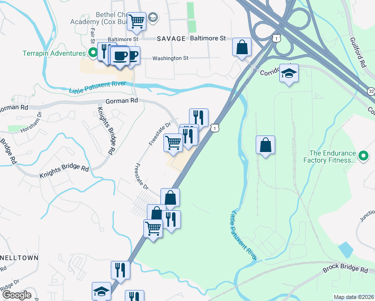 map of restaurants, bars, coffee shops, grocery stores, and more near 8851 Gorman Road in Laurel