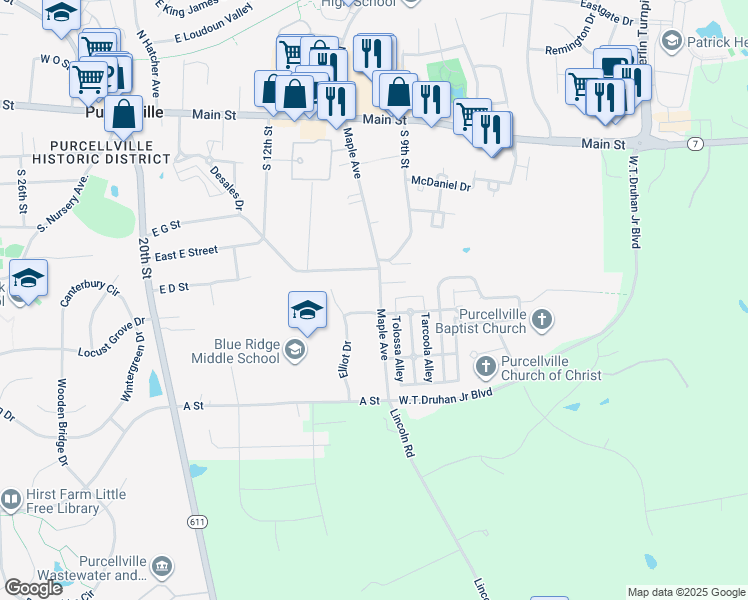 map of restaurants, bars, coffee shops, grocery stores, and more near 613 South Maple Avenue in Purcellville