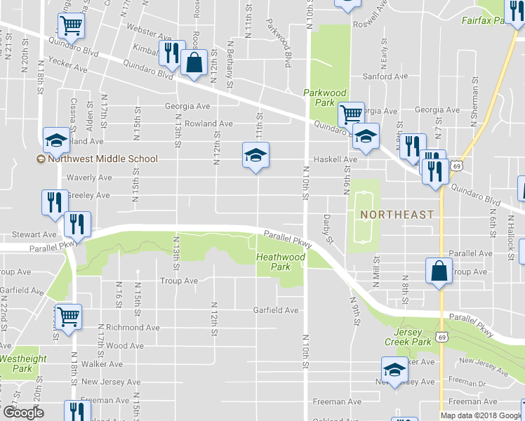 map of restaurants, bars, coffee shops, grocery stores, and more near 2101 North 11th Street in Kansas City