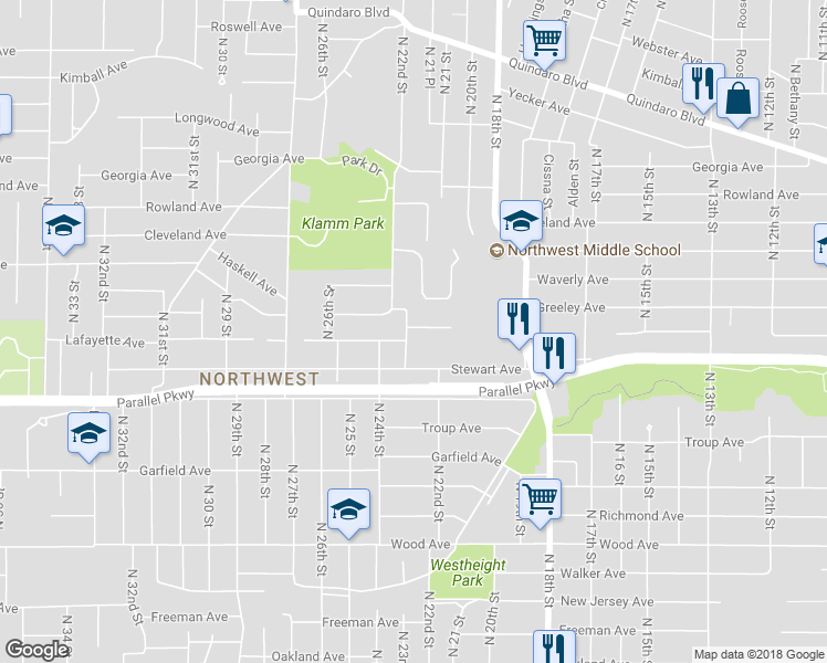 map of restaurants, bars, coffee shops, grocery stores, and more near 2061 North 22nd Street in Kansas City