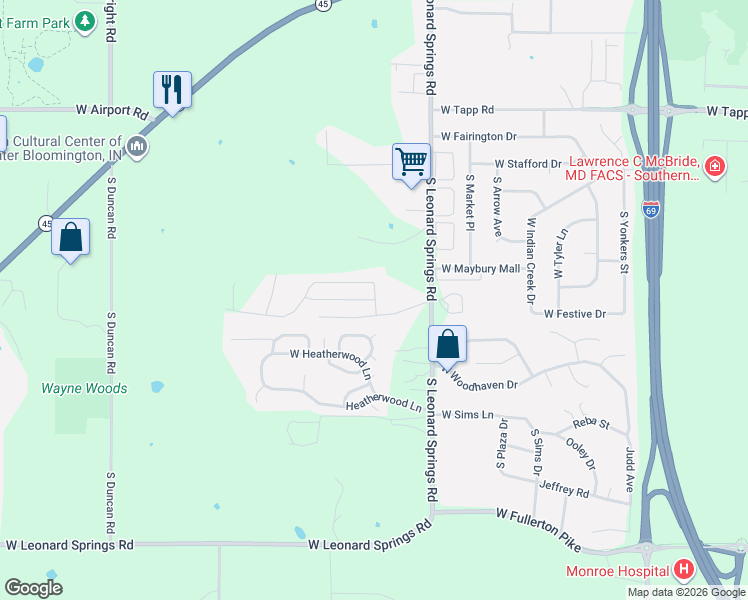 map of restaurants, bars, coffee shops, grocery stores, and more near 4132 Cedar Chase Drive in Bloomington