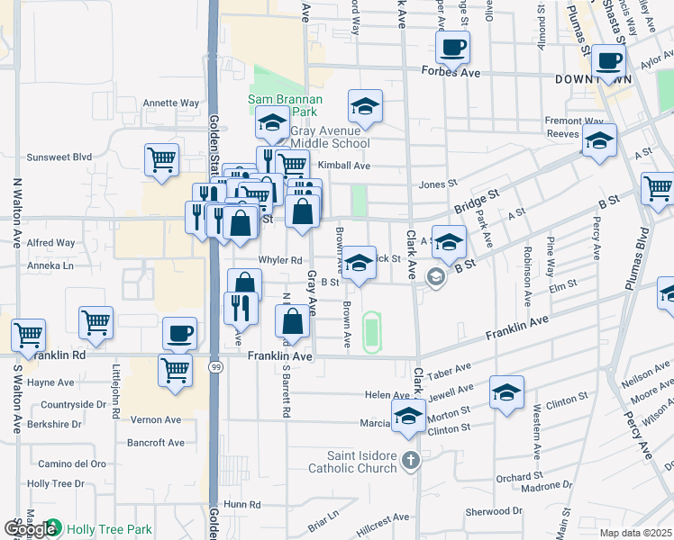 map of restaurants, bars, coffee shops, grocery stores, and more near 564 Brown Avenue in Yuba City