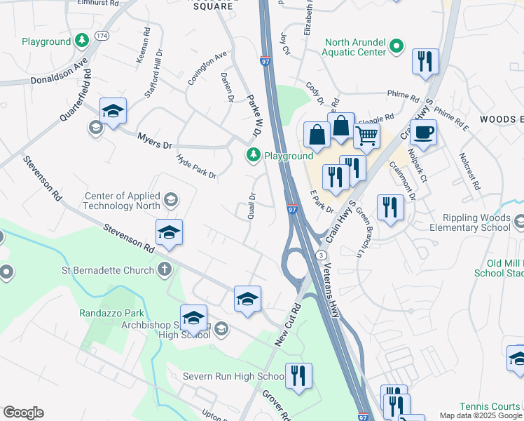 map of restaurants, bars, coffee shops, grocery stores, and more near 7991 Woodhall Drive in Glen Burnie