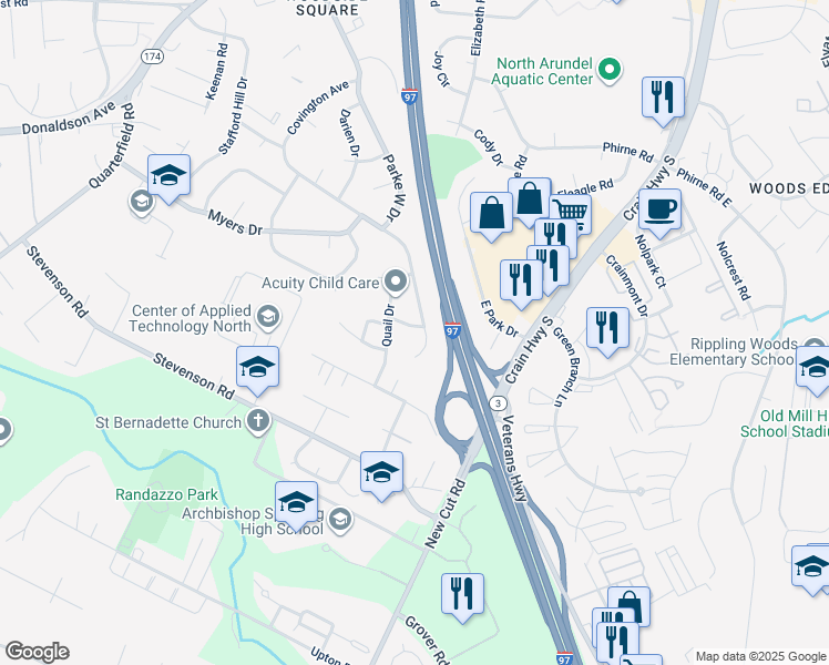 map of restaurants, bars, coffee shops, grocery stores, and more near 7991 Woodhall Drive in Glen Burnie