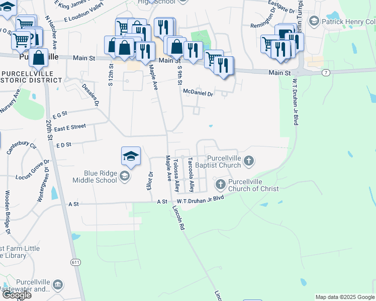map of restaurants, bars, coffee shops, grocery stores, and more near 711 Pipers Brook Dr in Purcellville