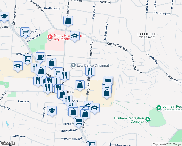 map of restaurants, bars, coffee shops, grocery stores, and more near 2416 Ferguson Road in Cincinnati