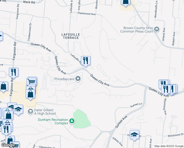 map of restaurants, bars, coffee shops, grocery stores, and more near 2540 Queen City Avenue in Cincinnati