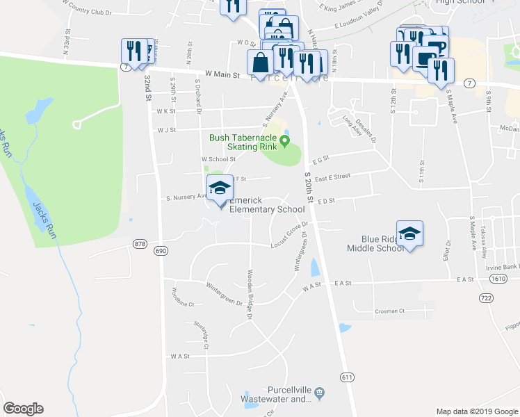 map of restaurants, bars, coffee shops, grocery stores, and more near 520 Canterbury Cir in Purcellville
