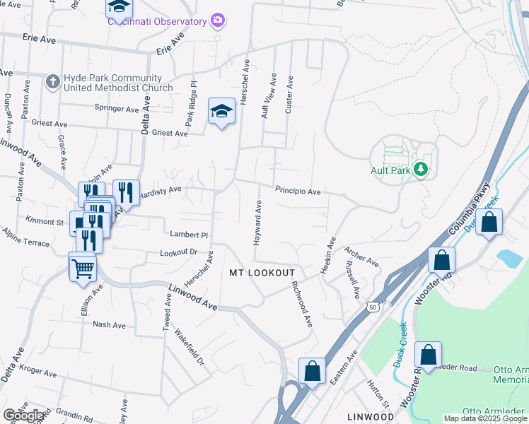 map of restaurants, bars, coffee shops, grocery stores, and more near 1258 Hayward Avenue in Cincinnati