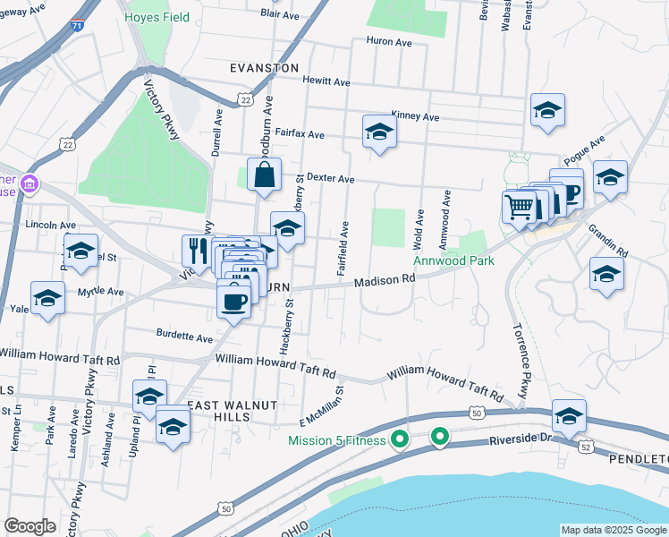 map of restaurants, bars, coffee shops, grocery stores, and more near 2915 Fairfield Avenue in Cincinnati