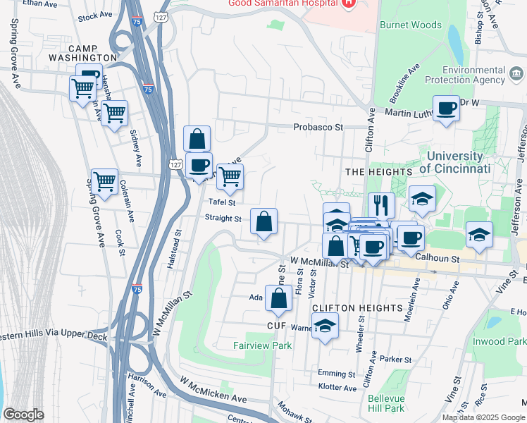 map of restaurants, bars, coffee shops, grocery stores, and more near 2710 Wagner Street in Cincinnati
