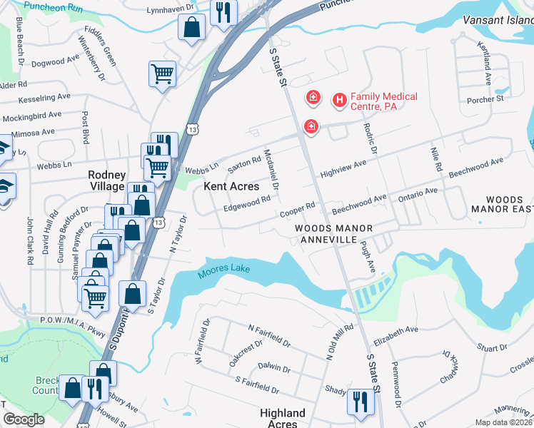 map of restaurants, bars, coffee shops, grocery stores, and more near 109 Cooper Road in Dover