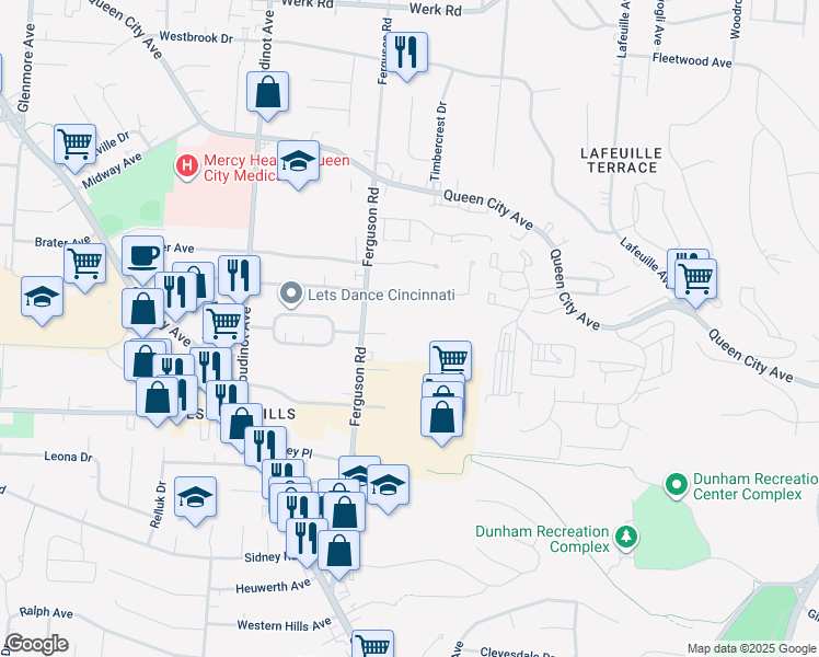 map of restaurants, bars, coffee shops, grocery stores, and more near 2950 West Park Drive in Cincinnati