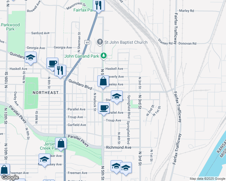 map of restaurants, bars, coffee shops, grocery stores, and more near 414 Quindaro Boulevard in Kansas City