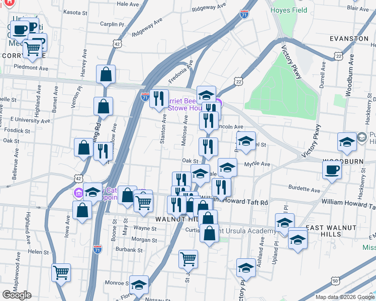 map of restaurants, bars, coffee shops, grocery stores, and more near 828 Oak Street in Cincinnati
