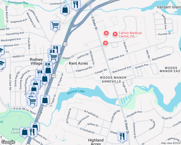 map of restaurants, bars, coffee shops, grocery stores, and more near 109 Cooper Road in Dover