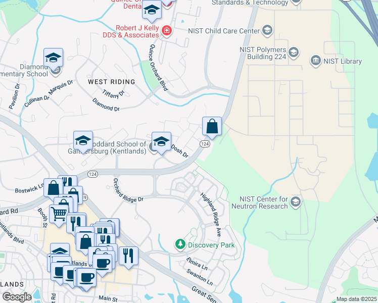 map of restaurants, bars, coffee shops, grocery stores, and more near 10 Cornerwood Court in Gaithersburg