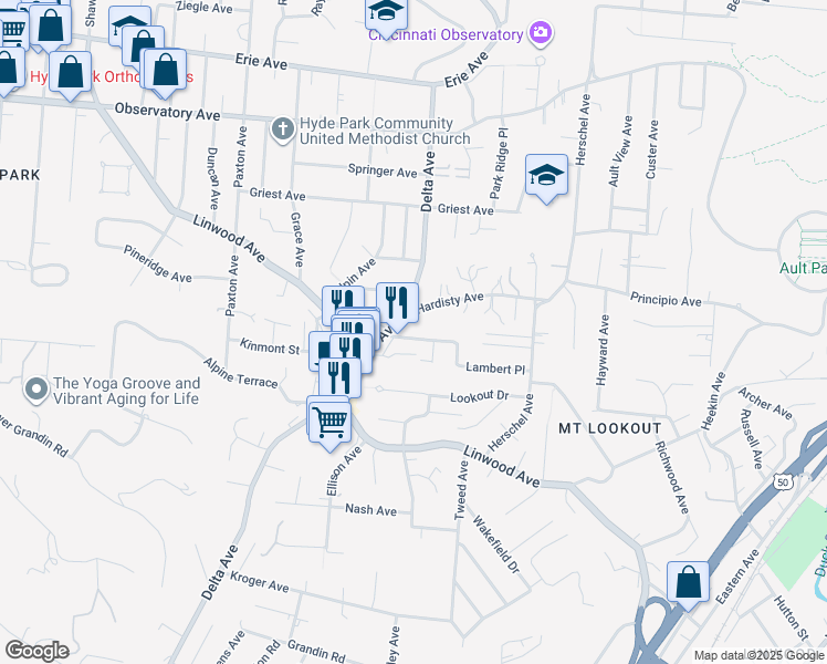 map of restaurants, bars, coffee shops, grocery stores, and more near 3220 Glengyle Avenue in Cincinnati