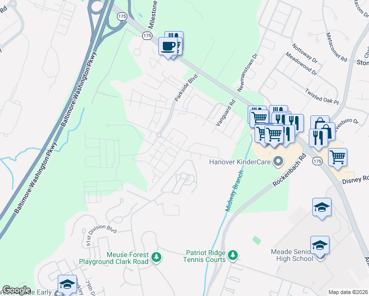 map of restaurants, bars, coffee shops, grocery stores, and more near 2804 Fredericksburg Road in Severn