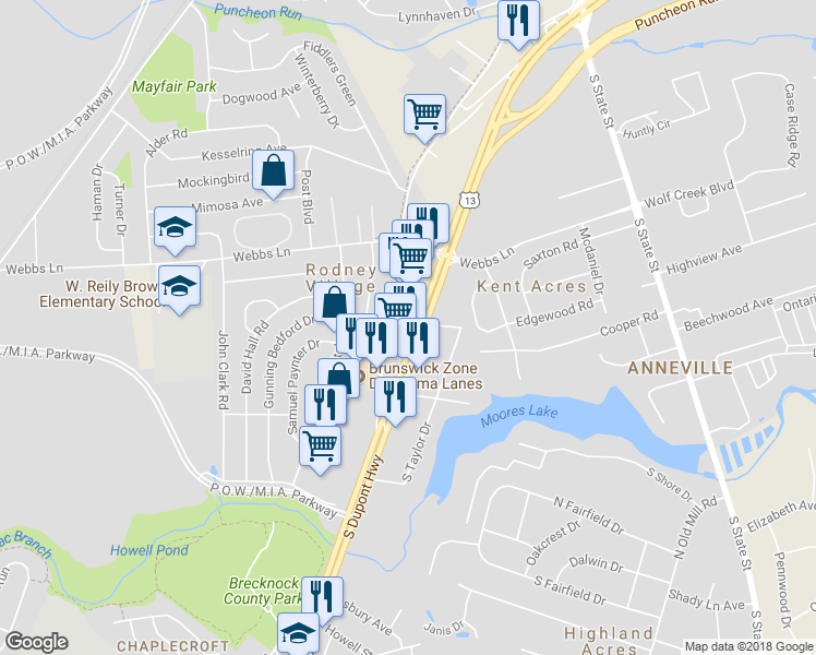 map of restaurants, bars, coffee shops, grocery stores, and more near 1652 South Dupont Highway in Dover