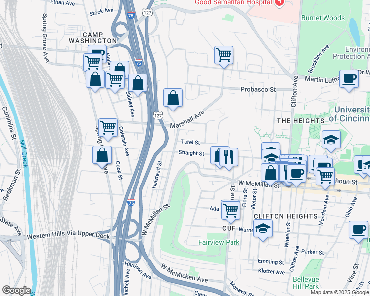 map of restaurants, bars, coffee shops, grocery stores, and more near 758 Straight Street in Cincinnati