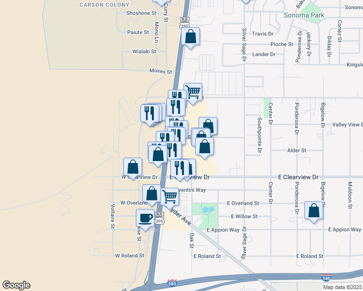 map of restaurants, bars, coffee shops, grocery stores, and more near 3921 South Carson Street in Carson City