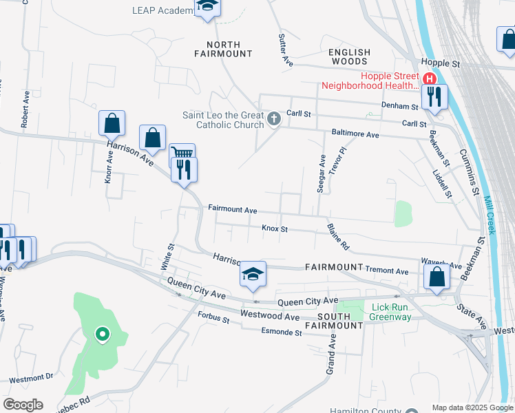 map of restaurants, bars, coffee shops, grocery stores, and more near 1878 Fairmount Avenue in Cincinnati