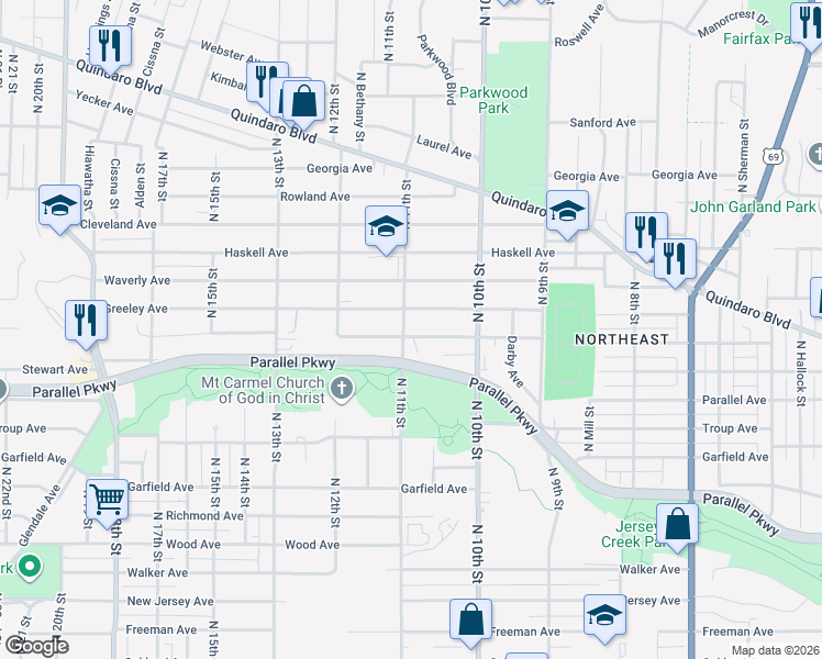 map of restaurants, bars, coffee shops, grocery stores, and more near 2101 North 11th Street in Kansas City