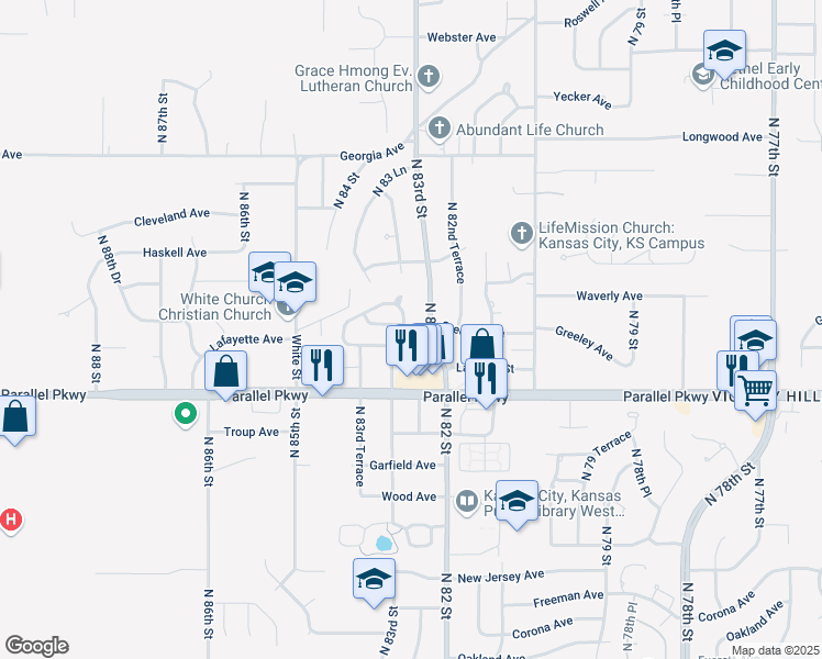 map of restaurants, bars, coffee shops, grocery stores, and more near 2129 North 83rd Place in Kansas City