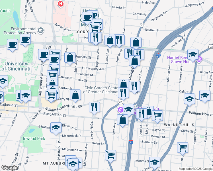 map of restaurants, bars, coffee shops, grocery stores, and more near 405 Oak Street in Cincinnati