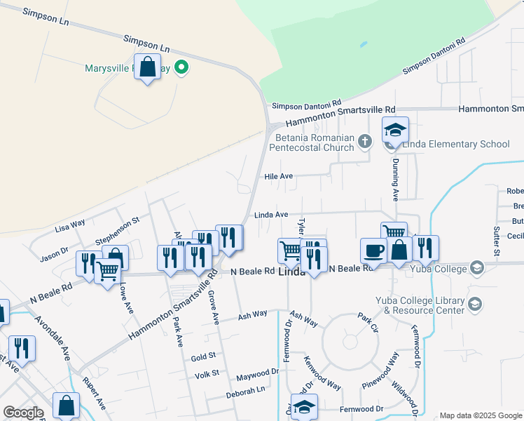 map of restaurants, bars, coffee shops, grocery stores, and more near 1735 Linda Avenue in Marysville