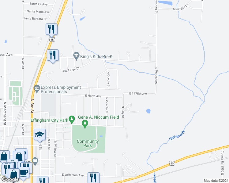 map of restaurants, bars, coffee shops, grocery stores, and more near 901 Park Hills Drive in Effingham