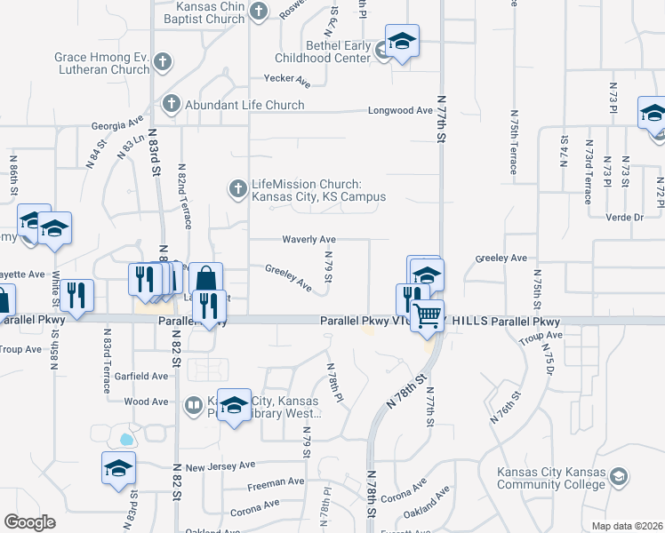 map of restaurants, bars, coffee shops, grocery stores, and more near 2127 North 79 Street in Kansas City