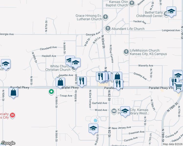 map of restaurants, bars, coffee shops, grocery stores, and more near 8341 Greeley Ave in Kansas City