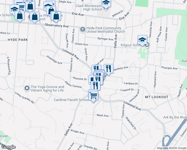 map of restaurants, bars, coffee shops, grocery stores, and more near 3145 Linwood Avenue in Cincinnati