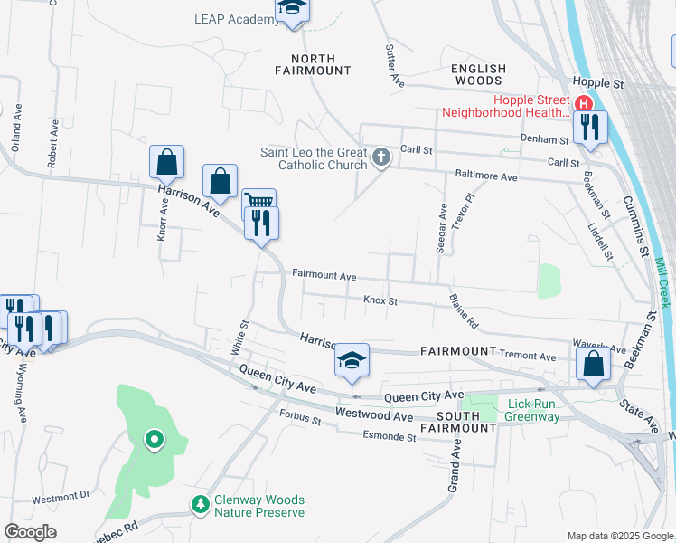 map of restaurants, bars, coffee shops, grocery stores, and more near 1920 Fairmount Avenue in Cincinnati