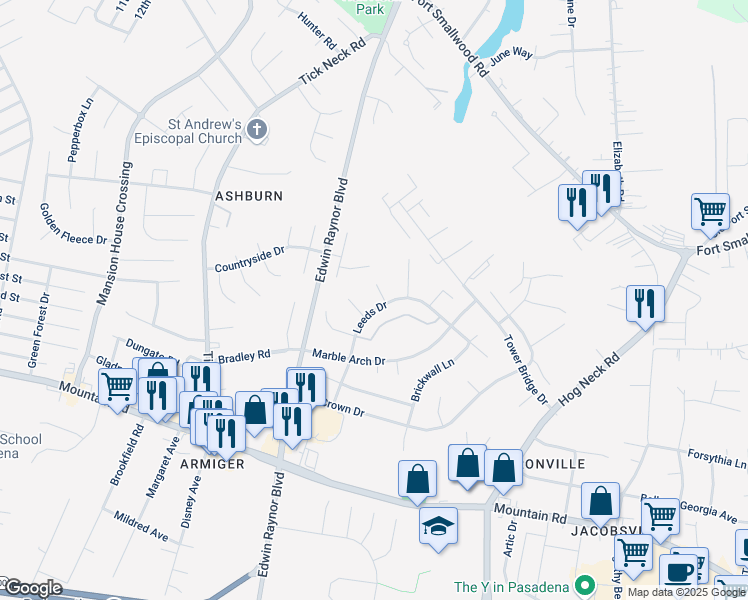 map of restaurants, bars, coffee shops, grocery stores, and more near 3500 Wedgewood Court in Pasadena