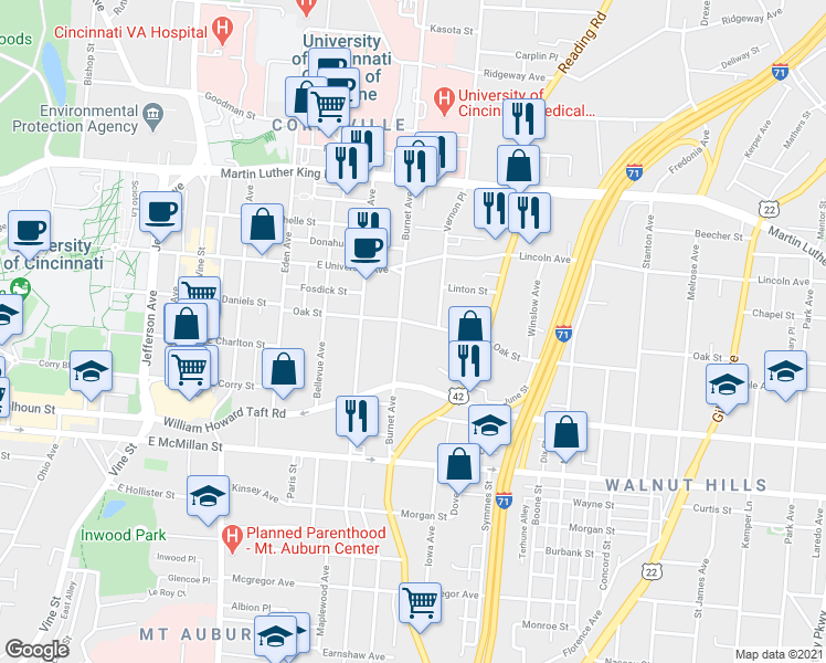 map of restaurants, bars, coffee shops, grocery stores, and more near 411 Oak Street in Cincinnati