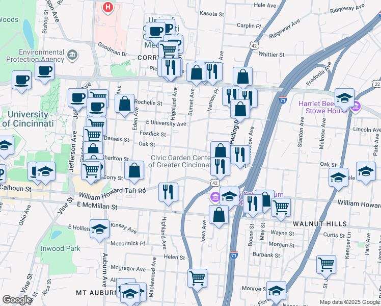 map of restaurants, bars, coffee shops, grocery stores, and more near 405 Oak Street in Cincinnati