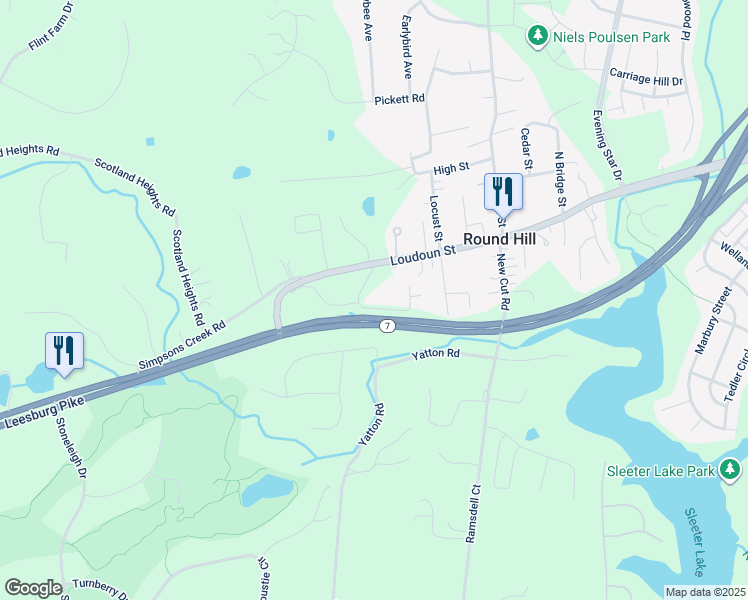 map of restaurants, bars, coffee shops, grocery stores, and more near 7 Mystic Lane in Round Hill