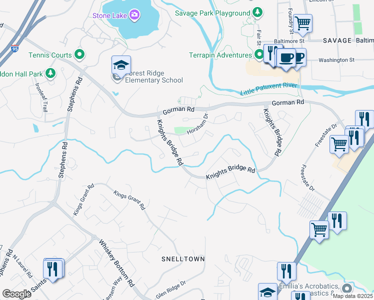 map of restaurants, bars, coffee shops, grocery stores, and more near 9544 Donnan Castle Court in Laurel